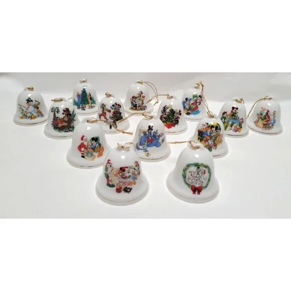 Lot of 14 Vintage Disney Grolier 2" Ceramic Bell Ornaments Mickey Minnie Donald - Picture 1 of 8